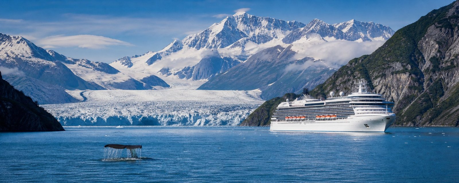Alaska ocean cruise ship in the Inside Passage with glaciers