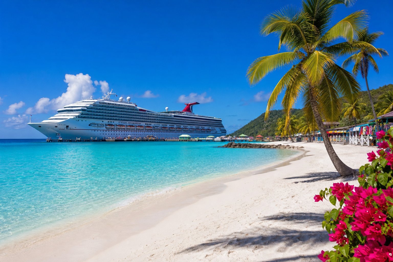 Caribbean ocean cruise ship docked at tropical beach port